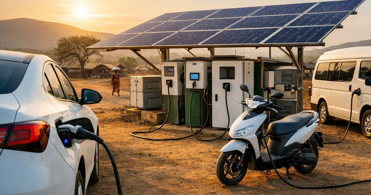 Station de recharge solaire pour véhicules électriques — visuel fourni, lieu non vérifié.